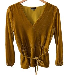 J. Crew Mustard Velvet Wrap shirt/blouse with belt; women’s size 6